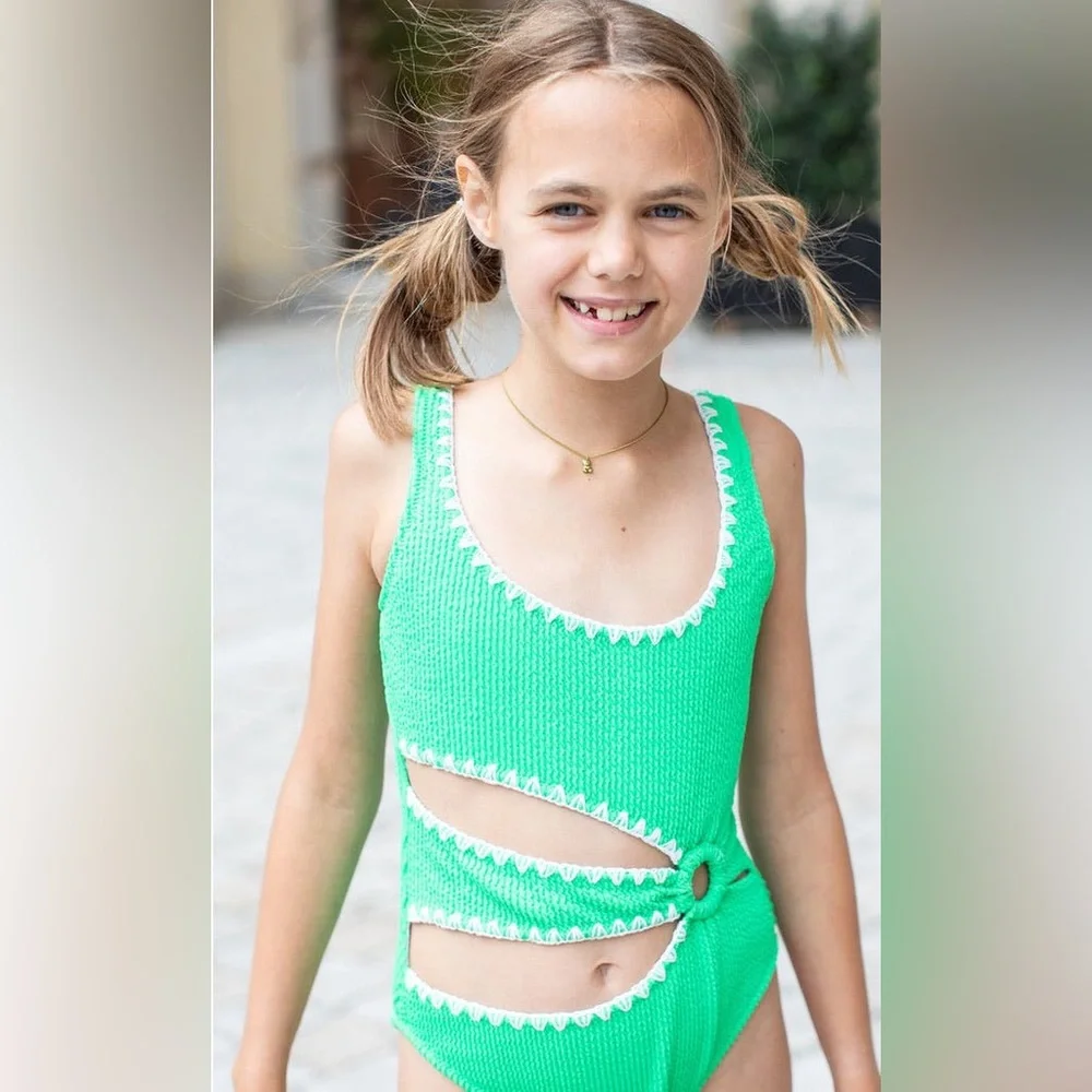 Nessi Byrd Kids Katty Bright Green Textured Cut Out One Piece Bathing Suit Sz 14